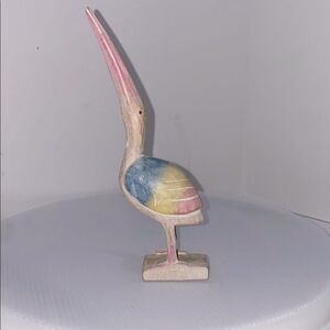 Vintage Colorful Wooden Heron Bird Figurine Hues of Blue Yellow Pink White
